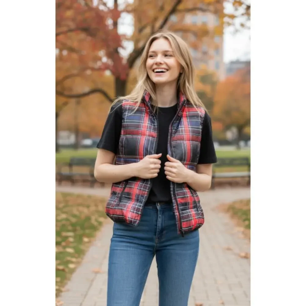 Tribal Red Plaid Puffer Quilted Vest size Large